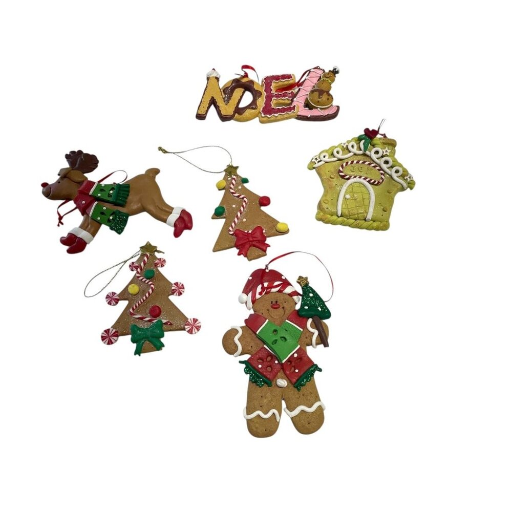 Vintage Clay Christmas Ornament Set Gingerbread Tree Reindeer Noel